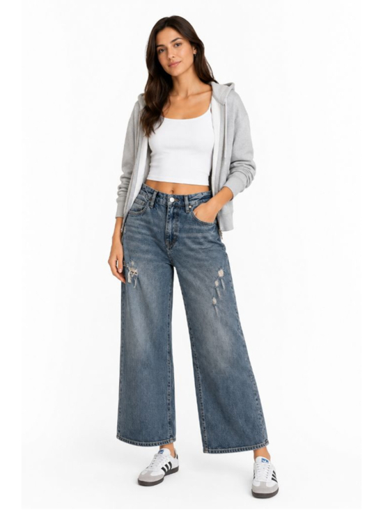 VERVET BLUE Denim - Vervet Distressed Wide Leg Crop Jeans Size 27 Light Wash High Rise Denim